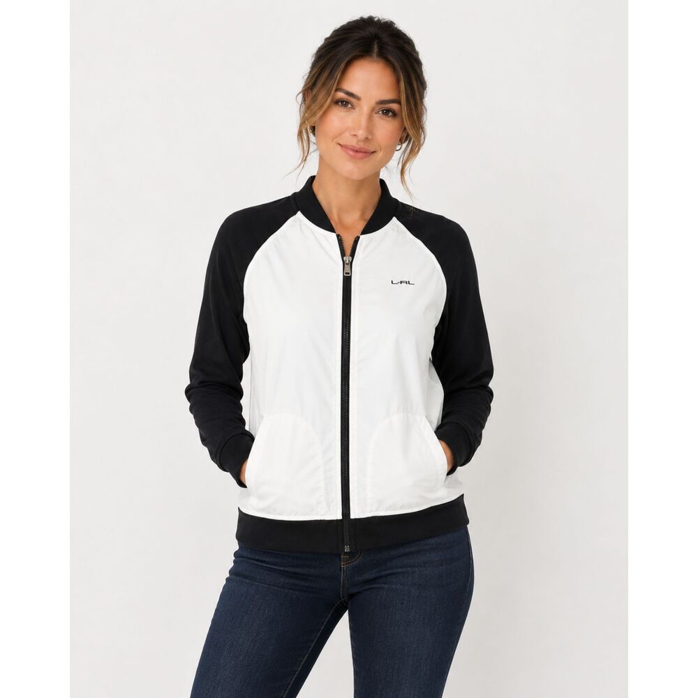 Lauren Ralph Lauren Active Jacket PL Petite Large Black White Bomber Full Zip